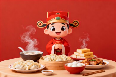 卡通人物与丰盛中式美食