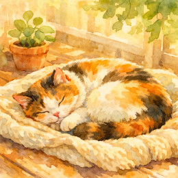 阳光窗边午睡三花猫