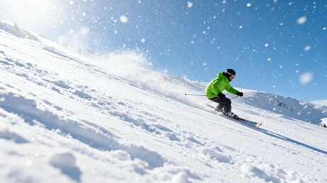 滑雪者雪坡疾驰扬起雪花