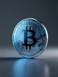 蓝色比特币硬币特写展示
