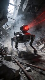 一个红色眼睛的机器人正在废墟中行走