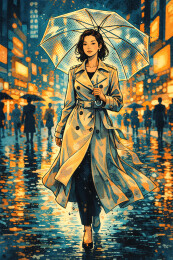 雨夜街头撑伞漫步