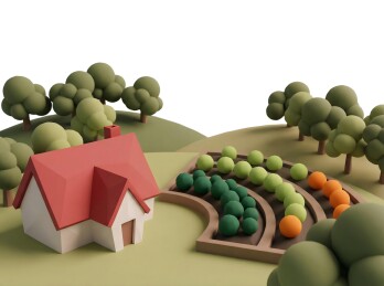 红顶小屋旁的梯田果园与绿树丘陵景观