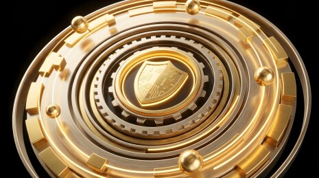 金色盾牌齿轮结构科技安全徽章特写