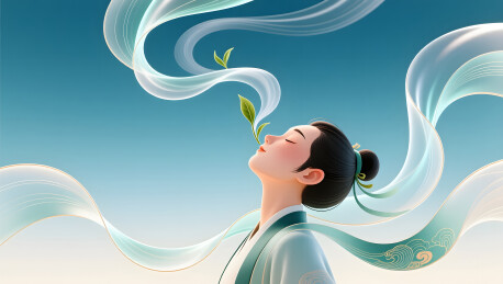 茶香化作丝带在空中盘旋且人物陶醉闻香
