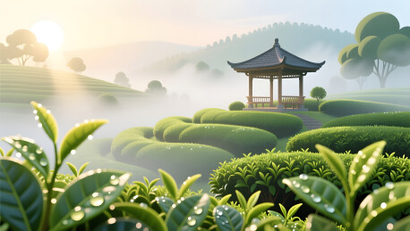 清晨的第一缕阳光洒向雾气笼罩的茶园