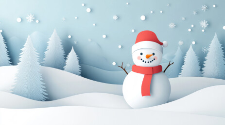 蓝白纸雕风格冬日雪原可爱雪人圣诞风景