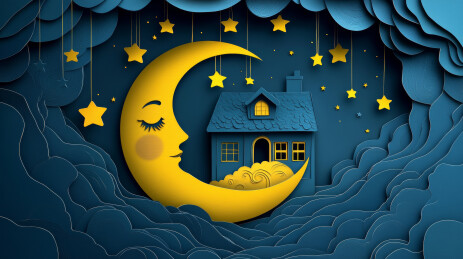 纸雕风格月亮房子星星梦幻夜晚背景