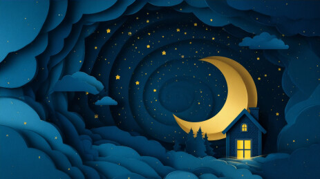 纸雕风格蓝色夜空中弯月下亮灯的小屋