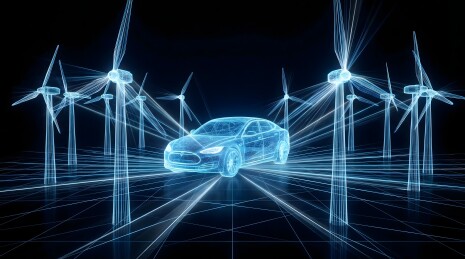 蓝色线框电动汽车与风力发电机阵列