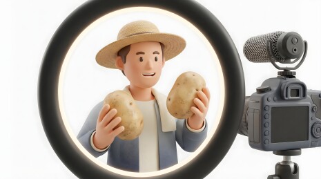 戴草帽男子手持土豆面对环形灯与摄像机