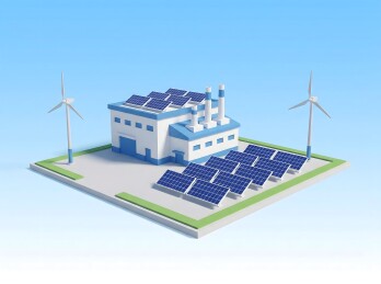 太阳能板与风力发电机环绕的现代能源工厂