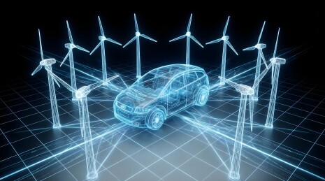 蓝色线框汽车与风力发电机数字模型图