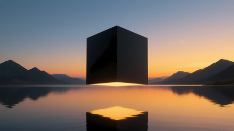 悬浮黑立方映橙光