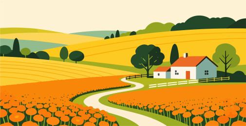 扁平化乡村风景插画