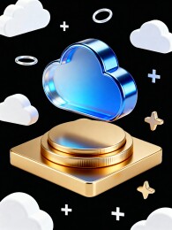 蓝色云朵悬浮于金色按钮之上