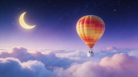 夜空热气球云海漂浮