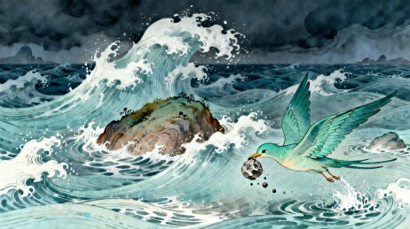 海浪巨石飞鸟携球