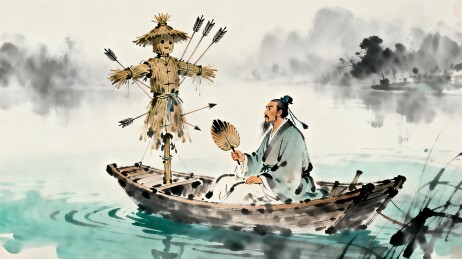 古代文人乘舟持扇对视稻草人