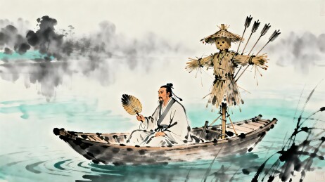 古风画中老者乘舟持扇