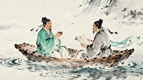 古装文人泛舟对饮交谈