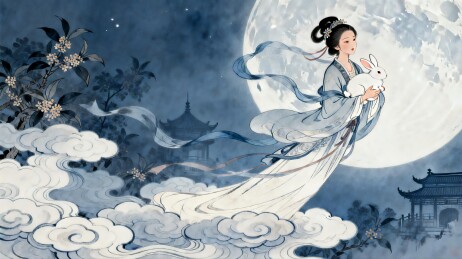 月下仙子怀抱白兔云端漫步