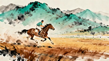 水墨画中骑手策马奔腾于山野