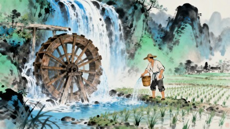 山水画中农夫与水车灌溉场景