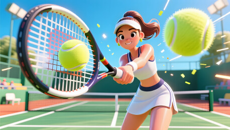 网球场上年轻女性充满活力挥拍击球