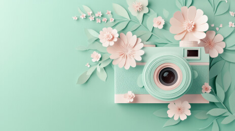 薄荷绿背景下复古相机与粉色纸雕花卉