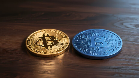 金色蓝色比特币硬币