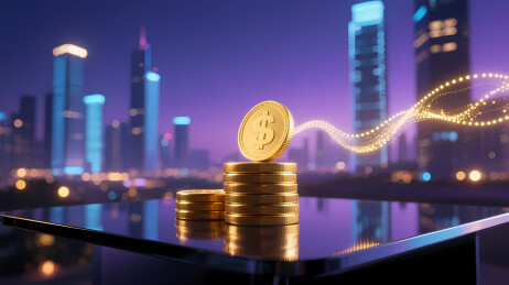 金色比特币与城市夜景