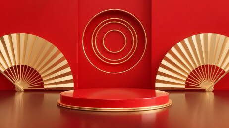 红圆台配金扇喜庆场景