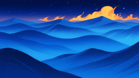 橙月蓝山星空夜