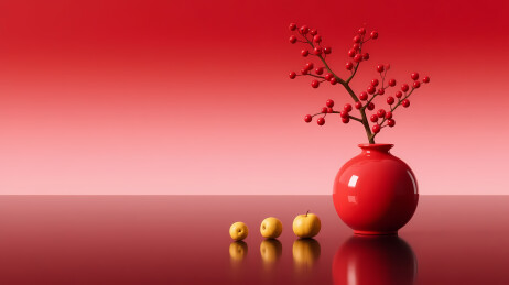 红花瓶黄球暖色背景