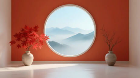 橙墙椭窗山景植物