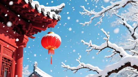 红灯笼雪景屋檐