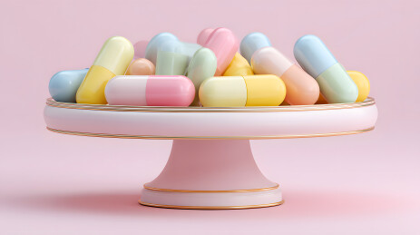 彩色药片胶囊在粉色蛋糕架上