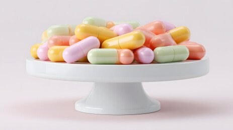 彩色药片在白色蛋糕架上