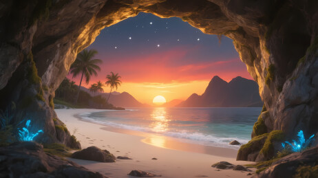 洞穴入口日落海滩