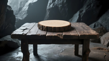 洞穴中木桌上的圆木板