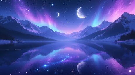 梦幻极光下的湖山夜景