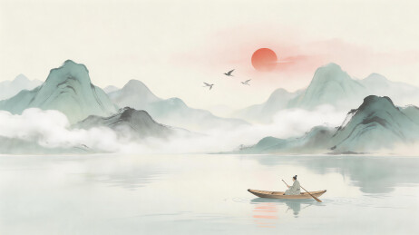 晨江孤舟山水意境