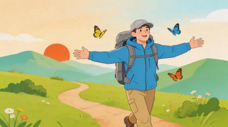 徒步旅行者享受自然与蝴蝶