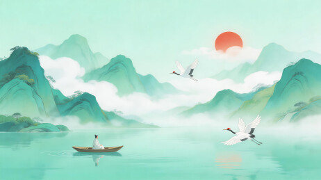 山水舟行仙鹤伴日升