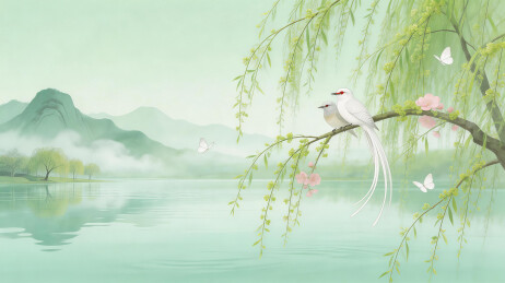 柳岸春景与白鸟栖息