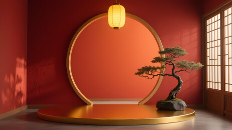 金色圆框盆景树