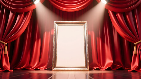 红色布幔舞台中央设有金属边框画框
