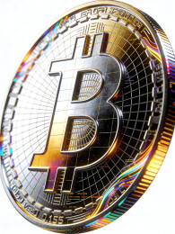 金色比特币硬币带彩虹光边网格背景