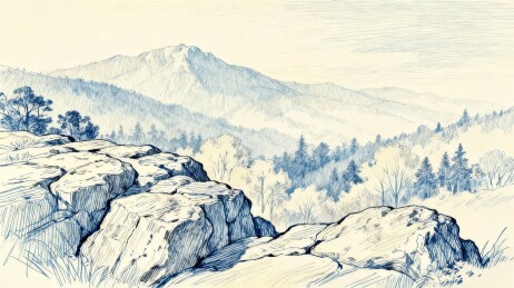 山岩与森林的素描风景